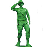 A green plastic army man toy saluting.