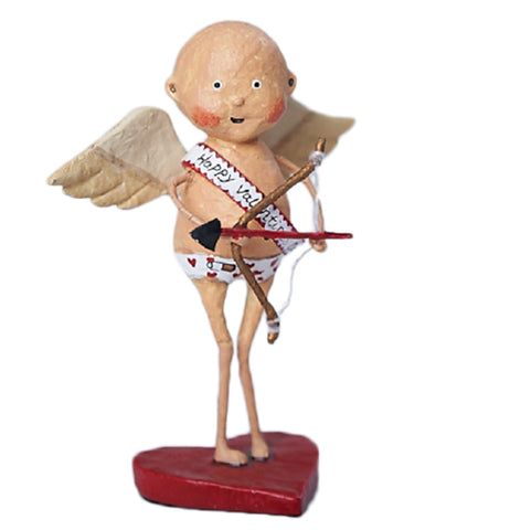 A winged, bald baby cupid is wearing only a white and red sash that says "Happy Valentines Day", and white underwear with red hearts on it. It is holding a bow and arrow.