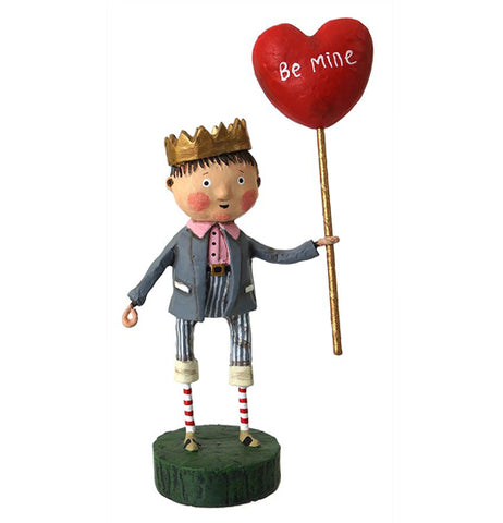 The Prince Valentine figurine shows a boy wearing a crown and holds a red heart scepter that reads "Be Mine" in white letters. 