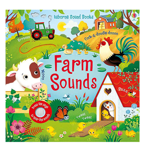 This book has a front cover featuring an illustration of a farm with a calf, a tractor ploughing the field, a hen house with a hen and a baby chick inside with a rooster crowing on top, and a barn behind it. Red lettering against a small blue pond background spells the title, "Farm Sounds". At the bottom is the small speaker for the book&