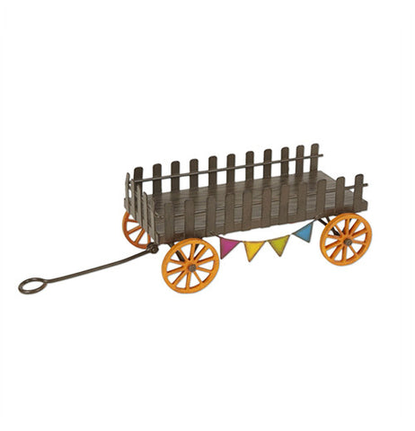 Mini brown farm wagon with orange wheels, a black handle, and decorated with a banner.