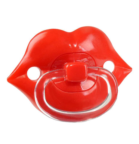 Red pacifier shaped like lips.