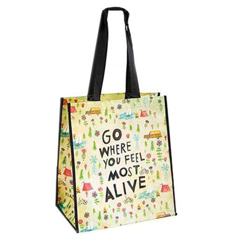 A very colorful shopping bag that says "Go where you feel most alive."