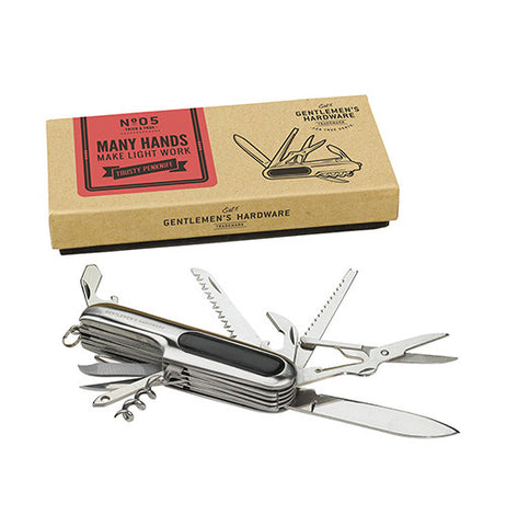  Penknife multi-tool with its tools displayed laying next to its tan box.