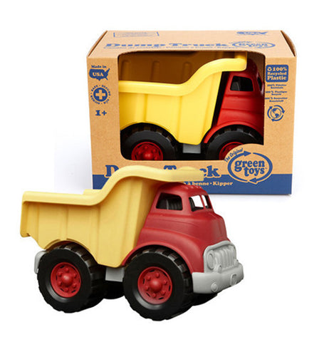 Red and yellow dump truck made from recycled materials