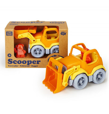 The Scooper is a toy truck that features a movable front and its own bulldog construction worker with one already packaged. 