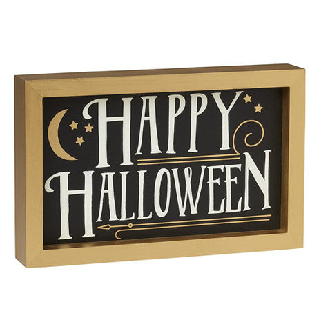 Gold box frame that says "Happy halloween" written in white with gold moon and stars.