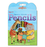 This little box of colored pencils features a giraffe, bear, tiger, and elephant all wearing clothes and dancing in a circle with green grass and an opening with the colored pencils showing to depict a rainbow behind them. Above them are the words, "Small Color Pencils" in purple lettering.