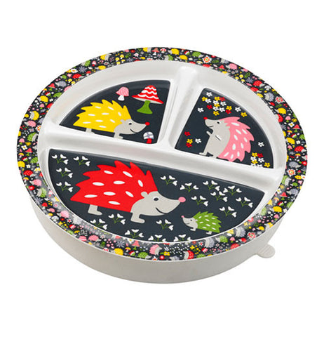 Baby plate with hedgehogs on it.