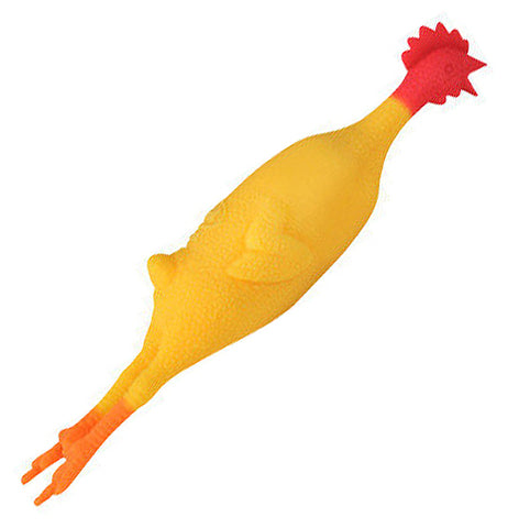 This is a rubber chicken wine stopper with a red comb and yellow body.