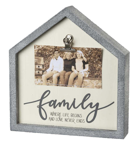 The Inset "Family" Box Frame has a photo with the message that reads, "Family: Where Life Begins and Love Never Ends" in black words with the outside gray house shaped photo holder. 