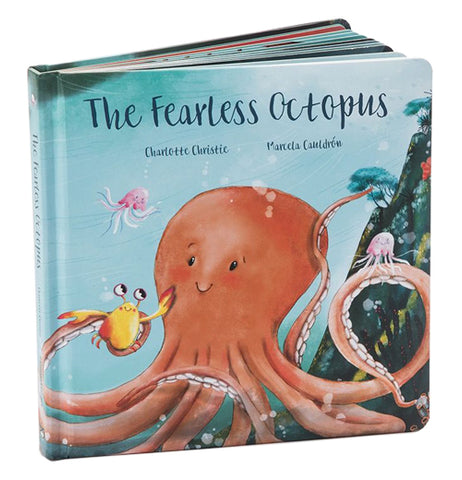 The storybook of the Fearless Octopus shows a big orange octopus hugging a yellow crab and two yellow jellyfish underwater.