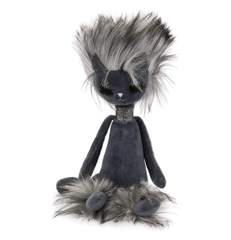 Closeup of black polyester swellegant "Kitty Cat" plush cat sits facing forward with cream and black mane and boot cuffs along with silver eyes and collar as well as pink lips and nose on its face.