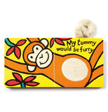 The book is shown open to two pages showing an orange monkey with a fur textured belly laying with some flowers and the words "My tummy would be furry" in black lettering.