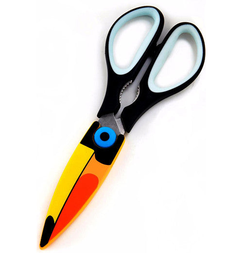 These toucan faced scissors add a little fun to your projects they are red, orange yellow, black and blue.
