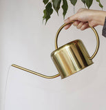 A person's hand is shown pouring water from the golden colored steel watering can.