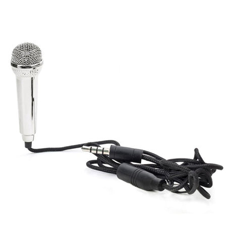 Silver Mini Karaoke microphone with black cord attached to the mic
