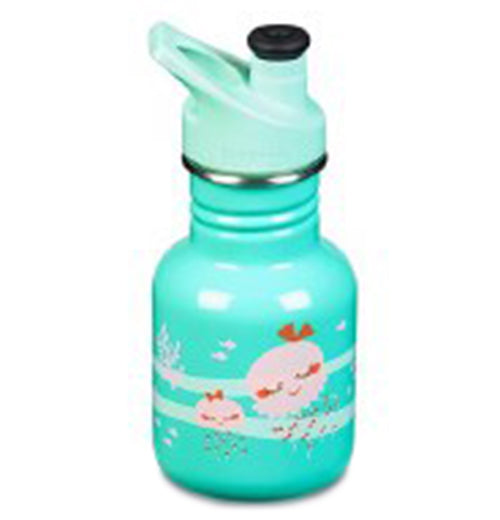 An aquamarine colored stainless steel water bottle with pink jellyfish and ocean designs.