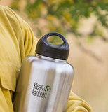 The steel black lid is shown sealing the top of a "Klean Kanteen" steel water bottle.