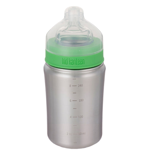 This brushed stainless steel 9 oz baby bottle with a green screw on lid has a clear nipple and clear cap.
