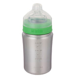This brushed stainless steel 9 oz baby bottle with a green screw on lid has a clear nipple and clear cap.