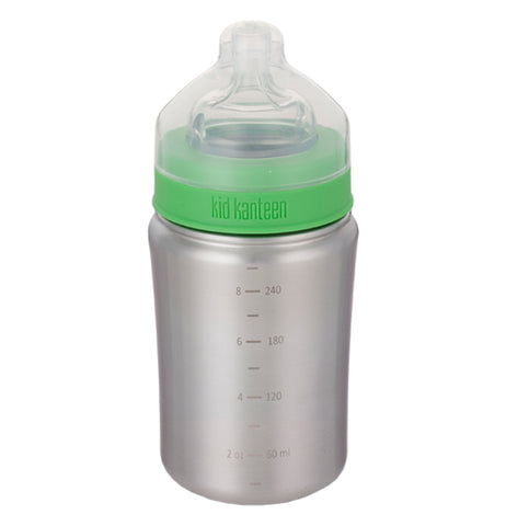 This brushed stainless steel 9 oz baby bottle with a green screw on lid has a clear nipple and clear cap.