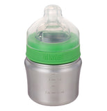 This brushed stainless steel 5 oz baby bottle has a green screw on lid and a clear nipple and clear cap.