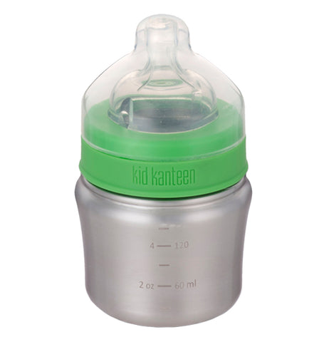 This brushed stainless steel 5 oz baby bottle has a green screw on lid and a clear nipple and clear cap.