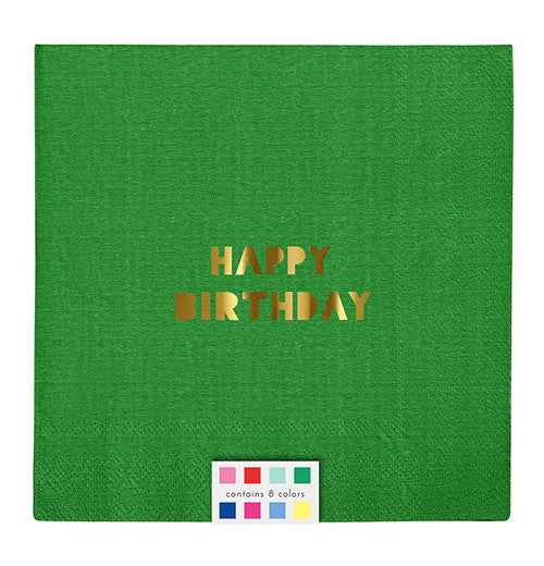 Green napkins that says "Happy Birthday." Shows color swatch of the other napkins.