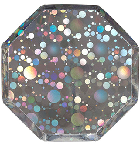 A gray octagonal plate with holographic foil, multi-colored circles all throughout it.