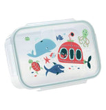 This lunchbox container features an ocean scene with a submersible, sharks, whales, fish, octopus, and a sea turtle.