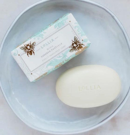 Lollia sugared pastilled soap with shea butter with light blue and gold with bee&