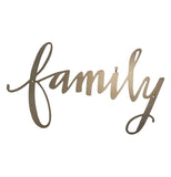 A metal cutout sign of the word "Family" in gold cursive letters