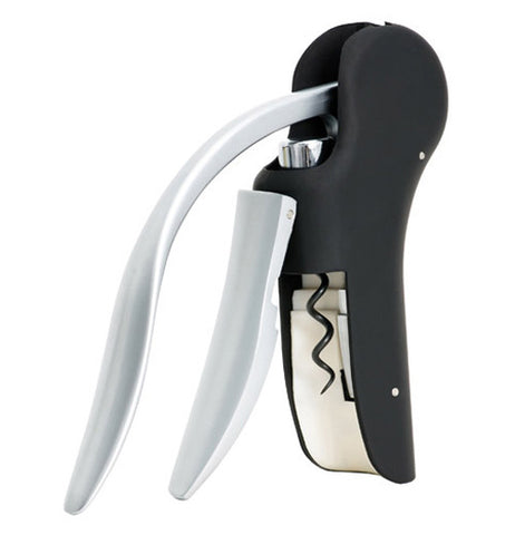 This black corkscrew has a pair of silver handles and a black screw.