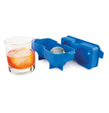 Blue ice tray that is balloon shaped open with a glass of liquid and an ice cube.