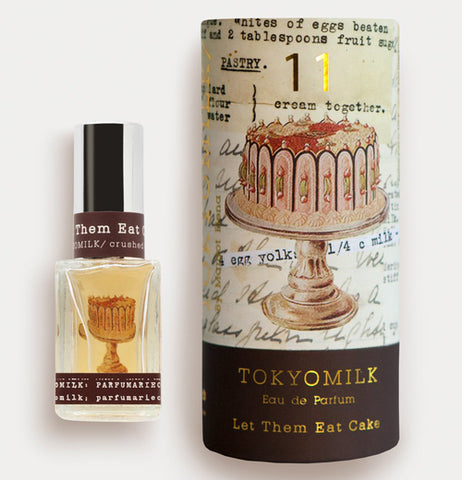 The perfume bottle is alongside its box with the saying "Let them eat Cake" and a picture of a cake.