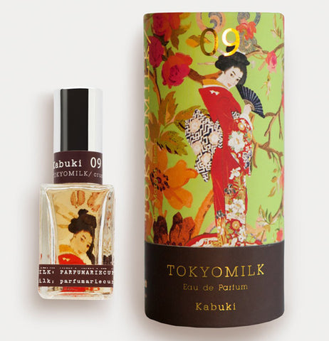 This is a perfume thats says Kabuki on the perfume bottle. The box is green and brown with Tokyo Milk printed on it, both have a picture of a Geisha on the front