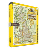 Diagonal view of yellow box with map of "Shakespeare's Britain" with a map of the United Kingdom when Shakespeare lived.