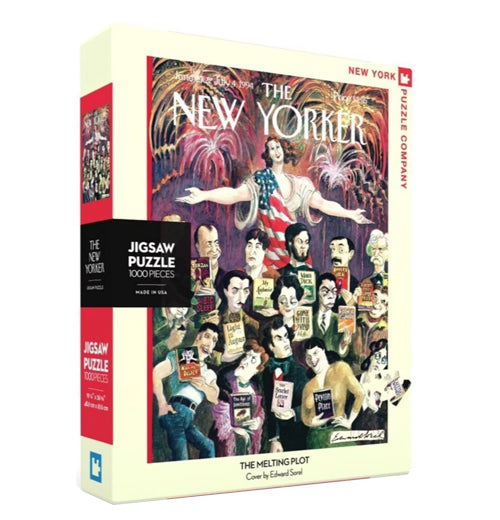 Diagonal view of "The Melting Plot" puzzle box with Lady Liberty wearing an American flag dress with outstretched arms behind some of America&