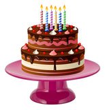 A birthday cake with candles is shown sitting on the pink cake stand.