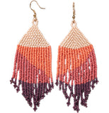 Two striped bead earrings. The stripes are pastel pink, orange, darker pink, and red.