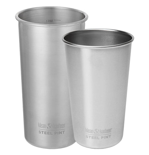 The 20 oz and 16 oz steel drinking cups are shown together sitting side by side.