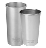 The 20 oz and 16 oz steel drinking cups are shown together sitting side by side.