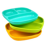 The (Set of 3) Baby Plates comes in the aqua, lime green, and orange stacked up in a row. 