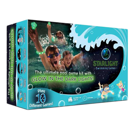 This box contains small lights that can glow in the dark underwater. The image on the front shows two girls and one boy playing in a pool and wearing the lights around their wrists and arms. The word, "Starlight" is shown to the right in green lettering.