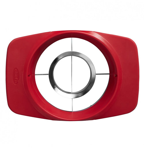 top view of the slicester pomegranate prep tool which is a red rectangular shape with the silver metal cutter in the center