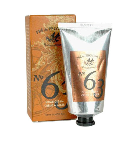 Shave Cream has a silver bottle and an orange package that says "Pre de Provence No. 63 Shave Cream Creme A Raser."