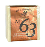 Soap package is tan with gold swirl and says "No. 63."