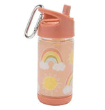 A pink water bottle has rainbows and sunshine in the middle against a pastel pink background. The back of the bottle is angled to the left. The spout is up. A steel carabiner hangs off the lid.