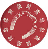 Red coaster with a horseshoe in the middle.